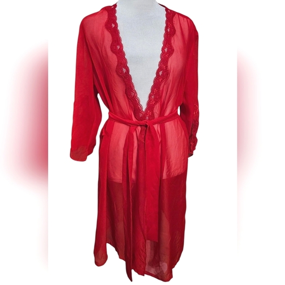 Elegant Lace Trim Mid Length Sheer Robe In Vibrant Red. Size S/M - Picture 1 of 10